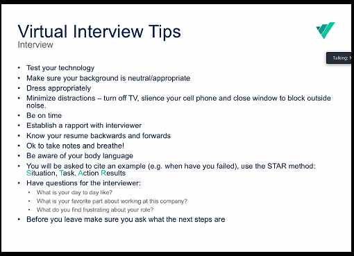 Screen shot of Virtu Technology Presentation on Virtual Interview Tips